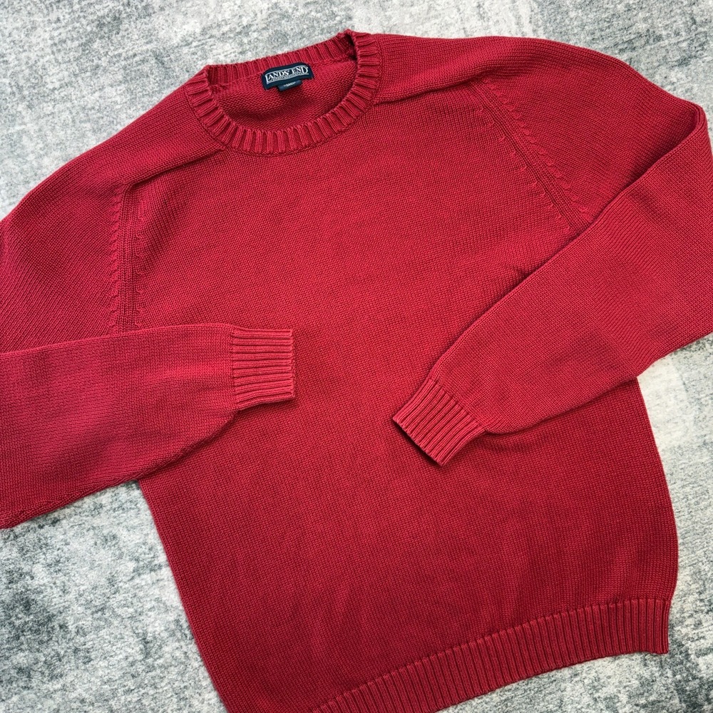 VTG Lands End Sweater Mens Large Tall Red Chunky Cotton Crewneck Fisherman Japan